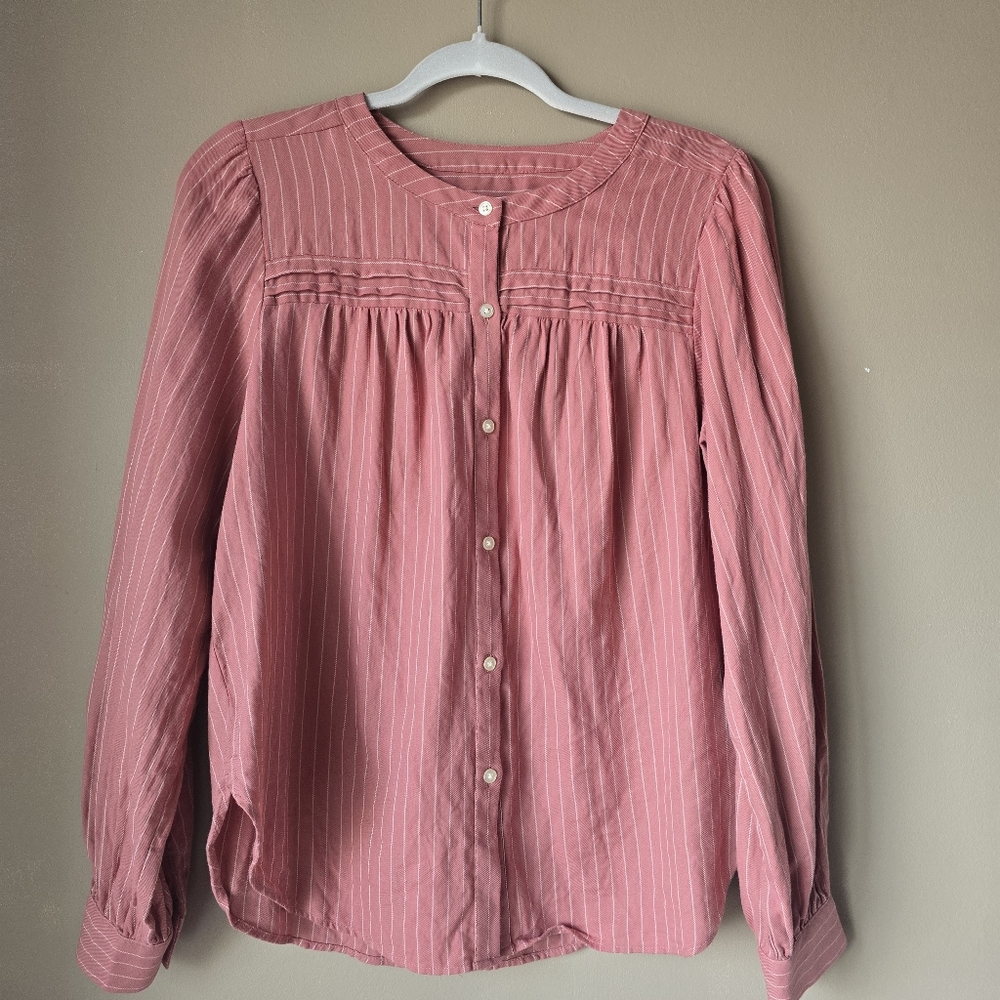 Loft Pink Striped Button Down Blouse 100% Cotton Size Small